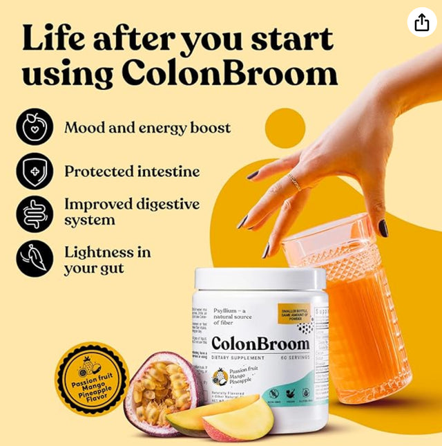 Colonbroom Psyllium Husk Powder Colon Cleanser (Tropical Fruits) - Vegan, Gluten Free Fiber Supplement - Colon Broom Safe Colon Cleanse for Bloating Relief & Gut Health (60 Servings)