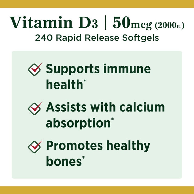 Nature'S Bounty Vitamin D3 Softgels, 50 Mcg, 2000 IU, 240 Ct