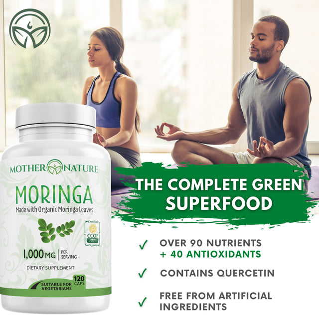 Moringa Capsules 1000Mg, Organic Certified Moringa Leaves Powder - Greens Superfood Powder Herbal Supplement - Energy, Focus, Lactation Support, Vitamin C for Immune Support - Vegan, Non-Gmo (120 )