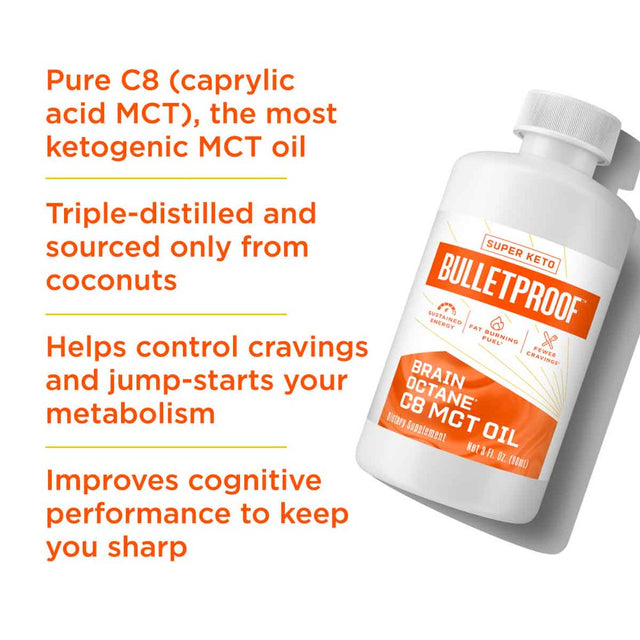 Brain Octane Premium C8 MCT Oil from Non-Gmo Coconuts, 14G Mcts, 3 Fl Oz, Bulletproof Keto Supplement for Sustained Energy, Appetite Control, Mental & Physical Energy, Non-Gmo, Vegan & Cruelty Free