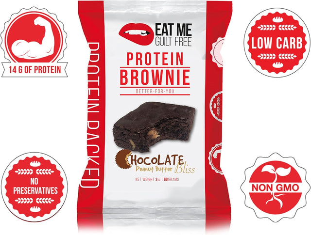 Eat Me Guilt Free Peanut Butter Bliss Protein-Packed Brownie - 14G Protein, Low Carb, Keto-Friendly, Low Sugar, Non GMO, No Preservatives, Low Calorie Snack or Dessert | 12 Count