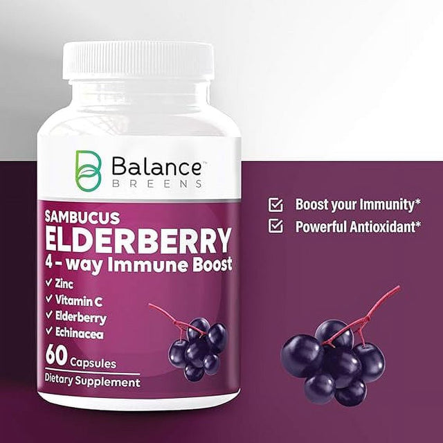 Balance Breens Sambucus Elderberry Extract - 4 Way Immune Support with Elderberry, Vitamin C, Zinc, Echinacea - Powerful Antioxidant - 60 Count