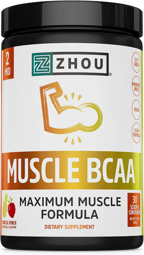 Zhou Nutrition Muscle BCAA Powder, Vegan Muscle Recovery, Natural, Clean Formula for Optimal Absorption, Probiotic Boost, Vitamin C, Gluten and Sugar Free, Tropical Punch, 30 Servings