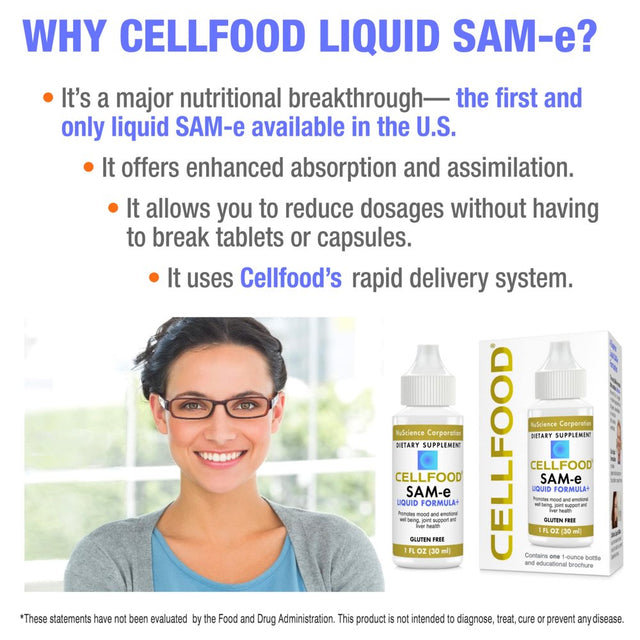 Cellfood Sam-E Liquid Formula+, 1 Fl Oz - Joint Support & Liver Health - Liquid for Easier Absorption & Better Bioavailability - Gluten Free, Non-Gmo - 30-Day Supply