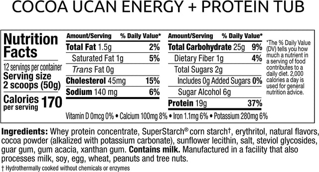 UCAN Energy + Whey Protein Powder - 19G per Serving with Amino Acids Eaas & Bccas - Keto Protein Powder - No Added Sugar, Gluten-Free - Cocoa - 12 Servings