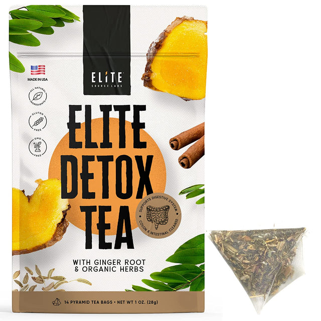 Elite Detox Tea: Natural Organic 7-Herbal Blend for Gentle Cleansing as Needed. Bloating Tea. Constipation Tea - 14 Loose Leaf Tea Bags - Boost Your Digestive Health, Made in USA