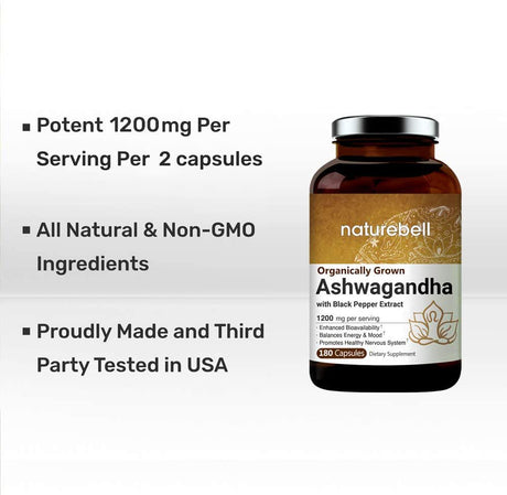 2 Pack Ashwagandha Capsules with Black Pepper Extract, 1200Mg per Serving, 180 Counts per Bottle, Made in USA.