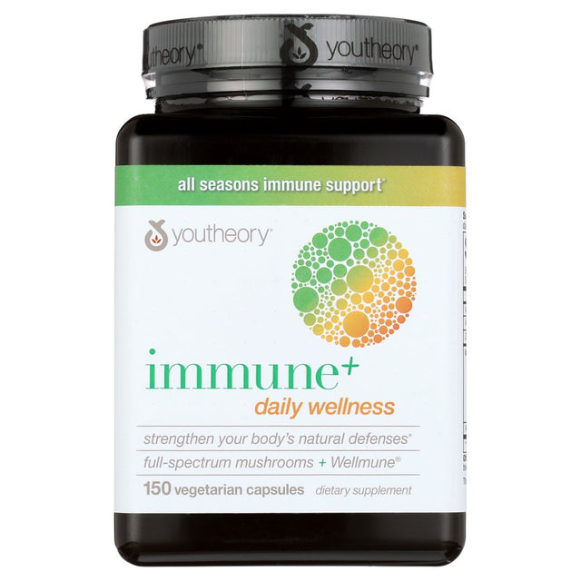 Youtheory Immune+ Daily Wellness- Organic Mushrooms- Beta Glucan- Vitamin C, D3 & Zinc 150 Vegetarian Caps