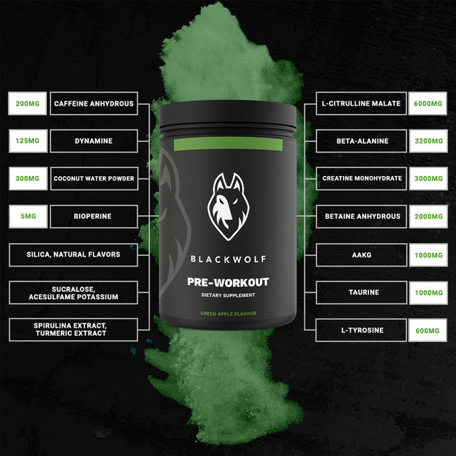 Blackwolf Green Apple Pre Workout Powder, Caffeine, L-Citrulline & Taurine, 22 Servings