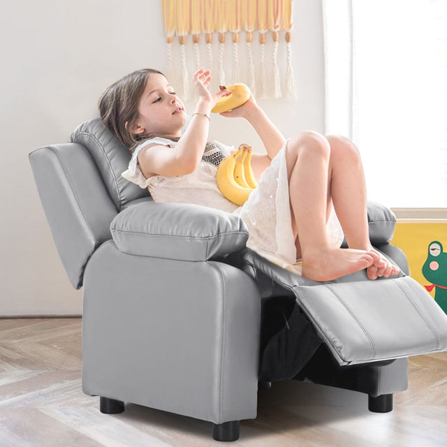 Deluxe Padded Kids Sofa Armchair Recliner Headrest Children W/ Storage Arms Gray