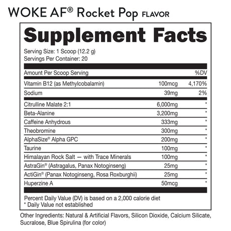 Bucked up Woke Af Pre-Workout Powder, Increase Energy, Rocket Pop, 333Mg Caffeine, 20 Servings