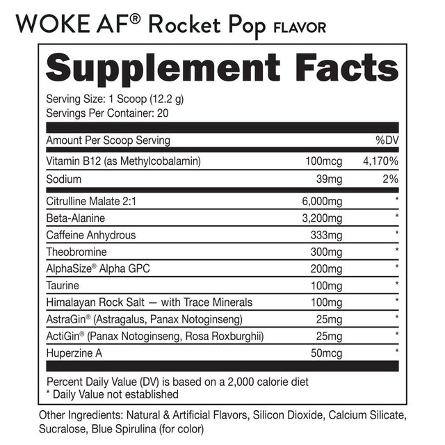 Bucked up Woke Af Pre-Workout Powder, Increase Energy, Rocket Pop, 333Mg Caffeine, 20 Servings