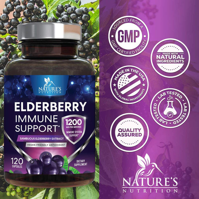 Nature'S Nutrition 10:1 Elderberry Extract Capsules - Highly Concentrated Sambucus Black Elderberry, Immune Support Dietary Supplement, Elder Berry Vitamins, Gluten Free Non-Gmo - 120 Capsules