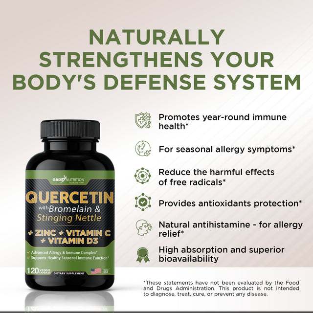 Quercetin with Vitamin C and Zinc - Nettle Quercetin - Quercetin 500Mg - Quercetin with Bromelain - Zinc Quercetin + Vitamin D3 - 360 Veggie Caps - (Non-Gmo, Gluten-Free, Vegan) 6 Month Supply