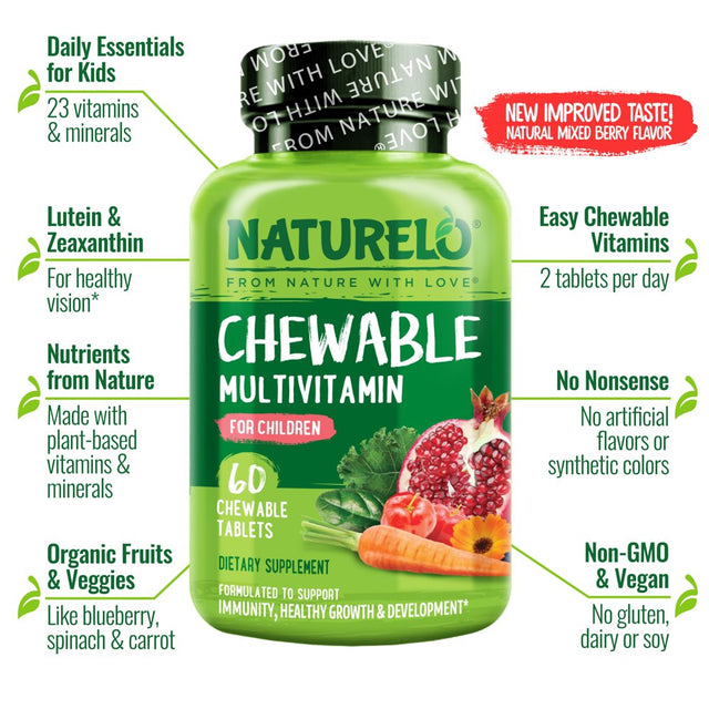 NATURELO Chewable Vitamin for Kids – Multivitamin with Whole Food Organic Fruit Blend - 60 Tablets for Children