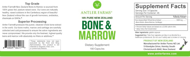 Antler Farms - 100% Pure New Zealand Bone & Marrow, 180 Capsules, 750Mg - Grass Fed, Pasture Raised Whole Bone Extract, Cold Processed, Healthy Essential Fats, Stem Cells, Collagen, Calcium