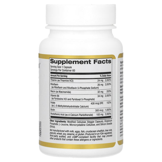 Vitamin B Complex, Thiamin B1, Riboflavin B2, Niacin B3, Pyridoxine B6, Biotin B7, Pantothenic Acid B5 and Pro Folate B9, Gluten Free, Non GMO, 60 Veggie Capsules