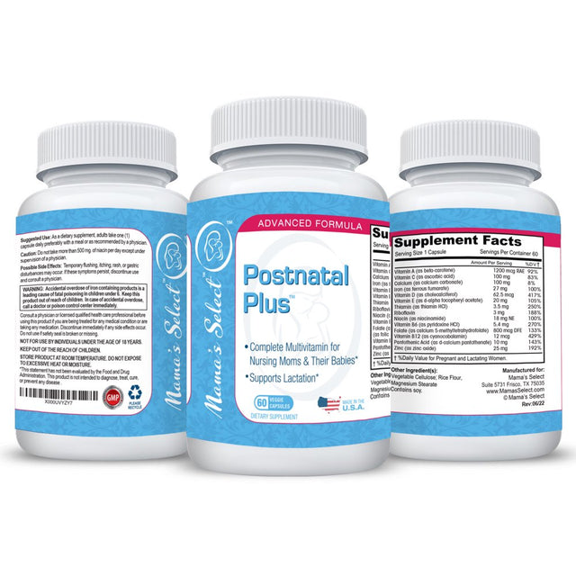 Mama'S Select Postnatal plus Vitamins - 60 Veggie Capsules - 2 Month Supply - Designed to Support Breastfeeding & Lactating Mothers - with Vitamin D, Iron and Methyl Folate for MTHFR !