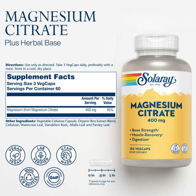 Solaray Magnesium Citrate 400Mg | Nutritive Support for Healthy Heart, Muscle, Nerve & Circulatory Function | Chelated for Absorption | 180 Count