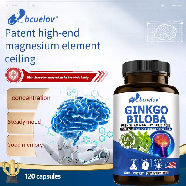 Ginkgo Biloba Supplement - with Vitamins B6 B12 - Standardized Extract 24% Ginkgo Flavonoid Glucosides 6% Terpene Lactones - Brain Memory Mental Clarity Alertness Energy Mood-60Capsules