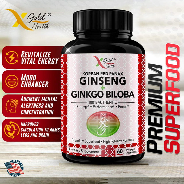 Korean Red Panax Ginseng 1200Mg + Ginkgo Biloba - Extra Strength Root Extract Powder Supplement W/High Ginsenosides Vegan Capsules for Energy, Performance & Focus Pills for Men & Women