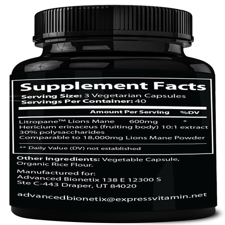 Advanced Bionetix Organic Lions Mane Supplement 120 Capsules. Brain Support Nootropic Immune System Support Mushroom Supplement. 10X Extract Similar to 18,000Mg, Contains Patent Pending Litropane™