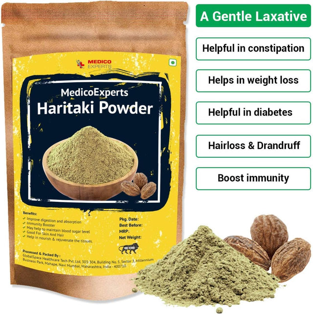 Medicoexperts Haritaki Powder Organic - 100 GMS | 100% Pure Harde Powder | Kadukkai Powder | Harad Powder | Inknut Powder for Dark Circles, Face, Skin & Healthy Digestion