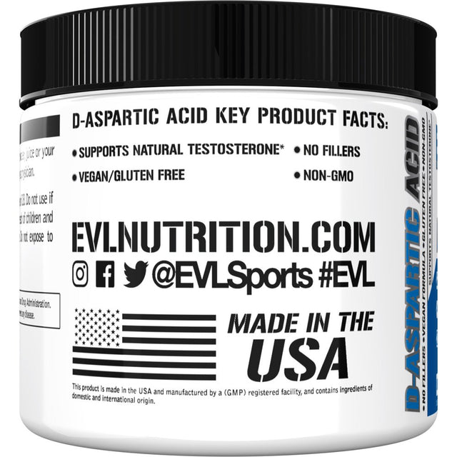 D-Aspartic Acid Testosterone Booster for Men - Stimulant-Free Pre Workout - EVL D-Aspartic Acid Powder 30 Servings