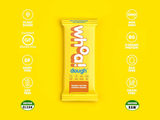 WHOA DOUGH Plant Based Protein Bar, Gluten Free, Dairy Free, Non GMO, Healthy Snacks for Kids and Adults, 8G Protein, 10 Bars (Peanut Butter)