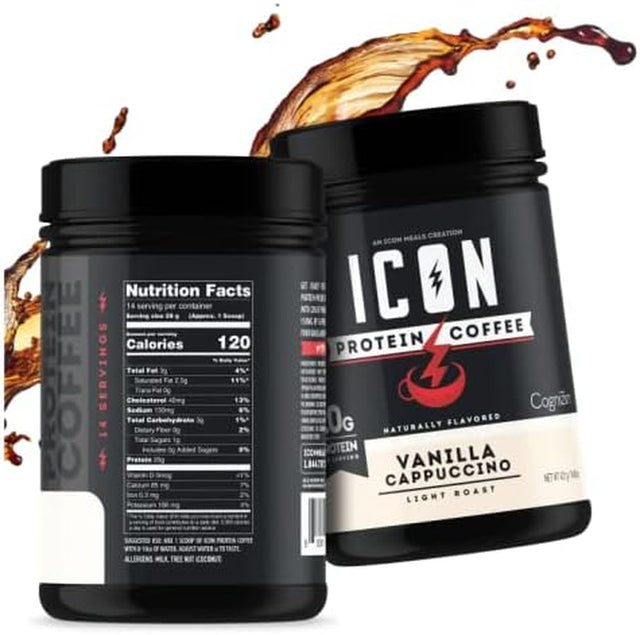 ICON Meals Protein Coffee, Premium Whey Protein, 150Mg of Caffeine, Nootropic Blend, Gluten-Free & Non-Gmo, Energy and Focus, Keto Friendly, Low Carb, High Protein (Vanilla Cappuccino)