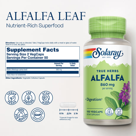 Solaray Alfalfa Leaf 860Mg | Vitamin-Rich Superfood W/ Fiber & Chlorophyll | Healthy Blood, Kidneys & Digestion Support | Non-Gmo, Vegan | 100 Vegcaps