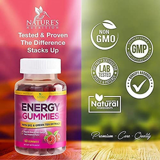 Energy Gummies Vitamin B12, Green Tea and Guarana Extract, Daily Energy Vitamin Supplement, Delicious Raspberry Flavor Gummy Chewable Supplement for Men and Women, Non-Gmo and Vegan - 60 Gummies