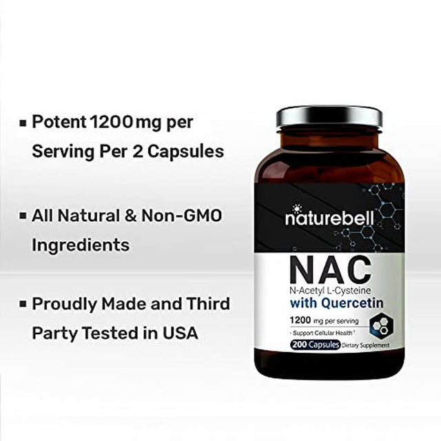 N-Acetyl-Cysteine (NAC) 1200Mg per Serving, 200 Capsules, NAC 600Mg with Quercetin per Capsule, Double Strength NAC Supplements, Support Liver & Lung Health, Non-Gmo, No Gluten