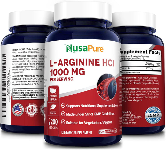 Nusapure L-Arginine 1000 Mg 200 Veggie Capsules (Non-Gmo, Vegetarian, Gluten Free)