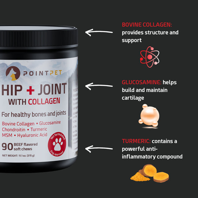 Pointpet Dog Hip & Joint Support with Bovine Collagen, Vet Formulated Mobility Soft Chews, 90 Beef Flavored Soft Chews