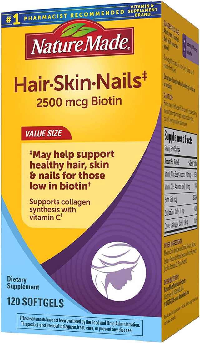 Nature Made Hair Skin and Nails with Biotin 2500 Mcg, Dietary Supplement for Healthy Hair Skin and Nails Support, 120 Softgels, 120 Day Supply