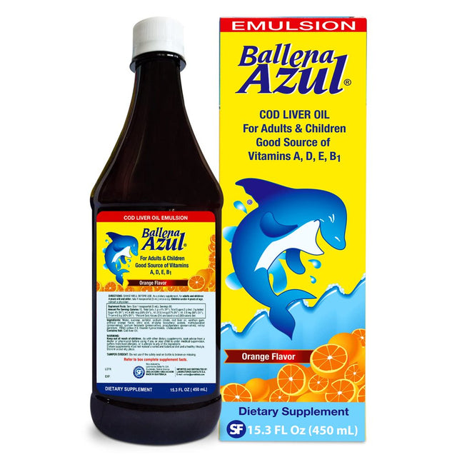 Ballena Azul Aceite De Hígado De Bacalao Para Adultos Y Niños, COD Liver Oil for Adults and Children, Good Source of Vitamins A,D,E, B1, Dietary Supplement, Omega 3, Inmune System Boost (ORANGE 15 OZ)