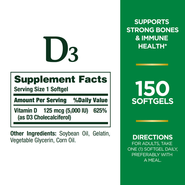 Nature'S Bounty Vitamin D3, Immune and Bone Health Support, 125 Mcg, Softgels, 150 Ct