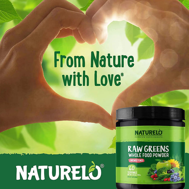 NATURELO Raw Greens Superfood Powder - Unsweetened - Boost Energy, Detox, Enhance Health - Organic Spirulina - Wheat Grass - Whole Food Nutrition from Fruits & Vegetables - 60 Servings