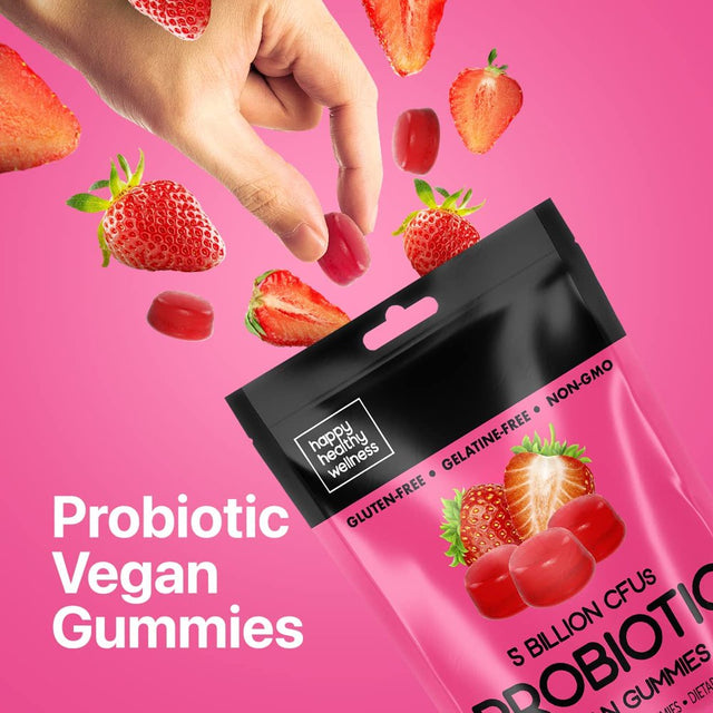 Happy Healthy Wellness Vegan Probiotics Gummies for Women 5 Billion Cfus 100% Natural Probiotics for Immune Support & Digestion - Gluten & Gelatine Free, Non-Gmo - Strawberry Flavor 30 Pcs