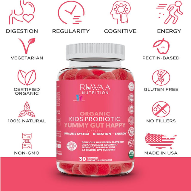 Kids Probiotic Gummies, Strawberry Flavor, Children'S Organic Probiotics, 2.5 Billion CFU, Digestive Health, Immune Support, Vegan, Gluten & Gelatin Free, 30 Gummies - Ruwaa Nutrition Yummy Gut Happy