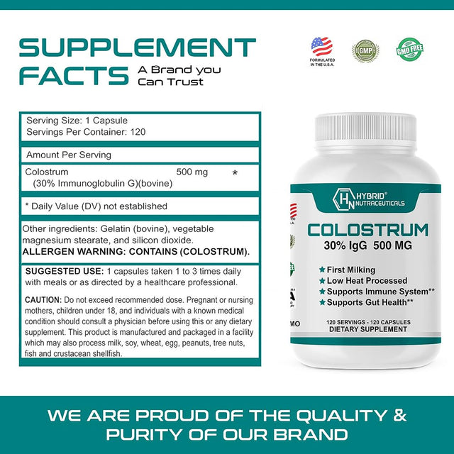 Hybrid Nutraceuticals Bovine Colostrum Supplement 500Mg - 30% Igg Lactoferrin Supplements, Immunoglobulin, Immune Support, Bone, Muscle & Gut Health (2-Pack)