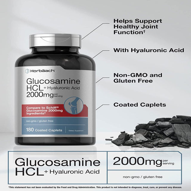 Glucosamine HCL | with Hyaluronic Acid | 2000Mg | 180 Coated Caplets | Non-Gmo & Gluten Free Supplement | by Horbaach