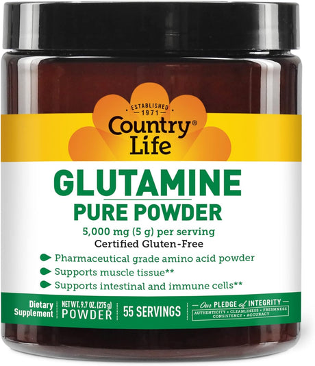 Country Life Glutamine Pure Powder 5000Mg, 9.7Oz Powder, 55 Servings, Supports Muscle Tissue - Supports Intestinal & Immune Cells - Pharmaceutical Grade Amino Acid, Certified Gluten-Free