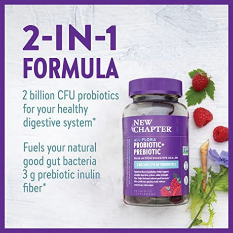 New Chapter Probiotic Gummies for Women and Men, All-Flora (1 Month Supply) Â€“ 55% Less Sugar+, Formulated for Holistic Gut Health Support with Probiotics + Prebiotic Fiber + 100% Vegan + Non-Gm