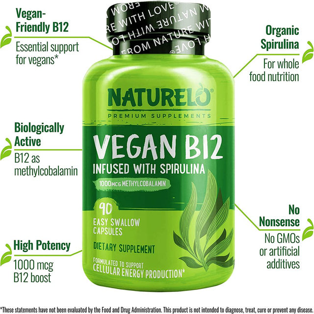 NATURELO Vegan B12 - Methyl B12 with Organic Spirulina - High Potency Vitamin B12 1000 Mcg Methylcobalamin - Supports Healthy Mood, Energy, Heart & Eye Health - 90 Capsules