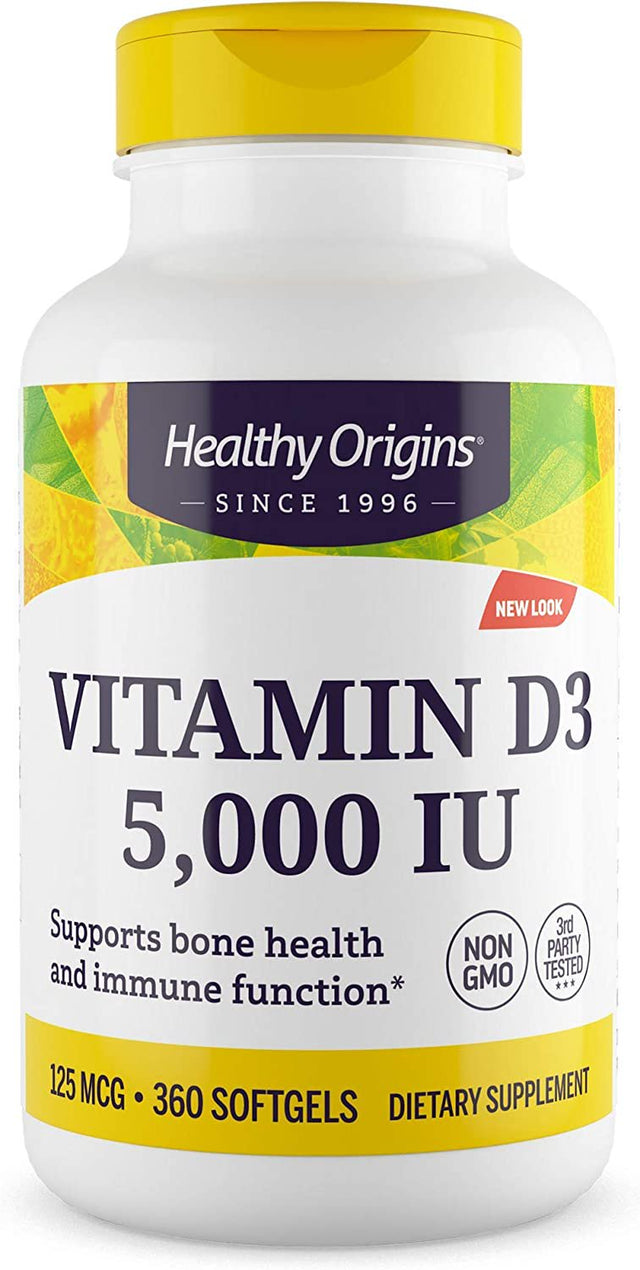 Healthy Origins Vitamin D3 5,000 IU (Non-Gmo, High Potency, Bone Support, Immune Support, Gluten Free), 360 Softgels