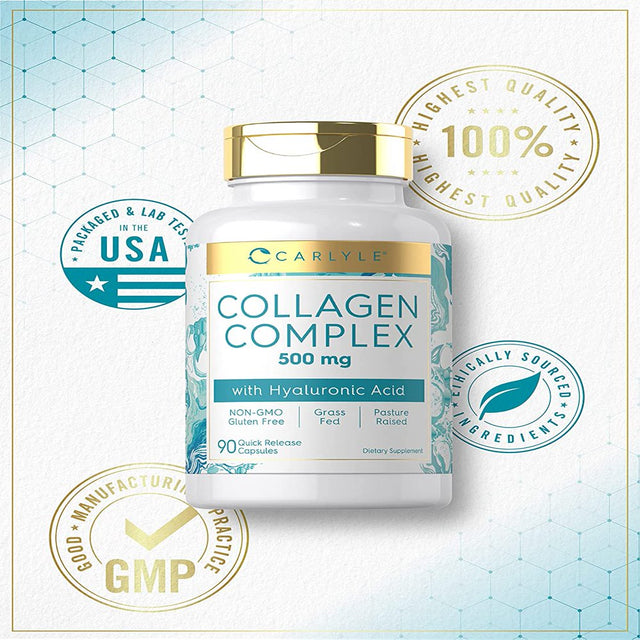 Collagen with Hyaluronic Acid 500Mg | 90 Capsule Pills | Hydrolyzed Collagen Supplement | Non-Gmo, Gluten Free | by Carlyle