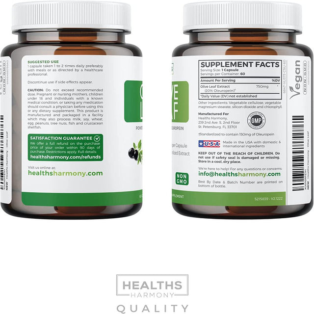 Healths Harmony Olive Leaf Extract Supplement (NON-GMO): 20% Oleuropein - 750Mg - Vegetarian - Immune Support, Cardiovascular Health & Antioxidant Supplement - No Oil - 60 Capsules