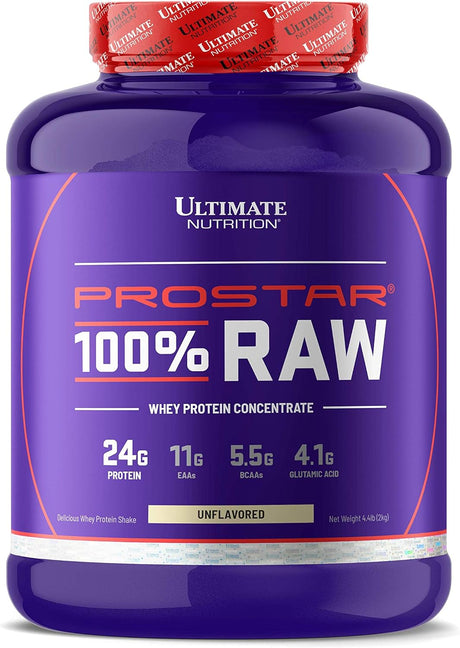 Ultimate Nutrition Prostar Raw Whey Protein Concentrate Powder, Low Carb, Low Fat, Keto Friendly, 24 Grams of Protein per Serving with 5.5 Grams of Bcaas,Unflavored, 67 Servings, 4.4 Pounds